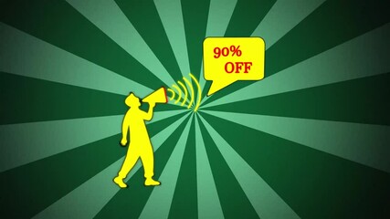 colorful 3d letters rotate 90% percent off banner. Megaphone with speech bubble in flat style. spiral animation background with rotating, ornaments twirl rays comic style. 4k resolution