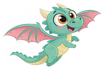 Obraz premium Cute baby dragon cartoon flying with white background