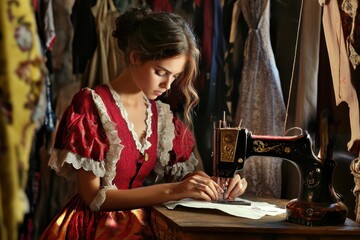 Young seamstress working with a vintage sewing machine in a cozy crafting space
