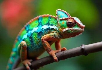 Fototapeta premium A colorful chameleon with green, blue, and orange scales, perched on a branch , with a blurred background of green and red bokeh 