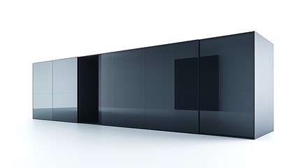 A large black and white building with a lot of glass windows