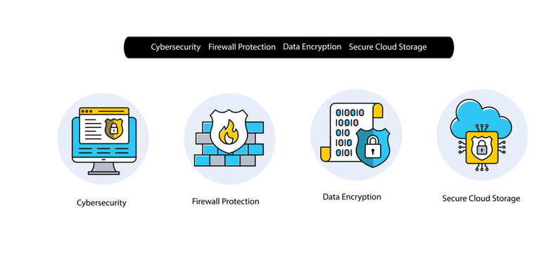 Cybersecurity Icons for Firewall Access and Cloud-Based Encryption Solutions