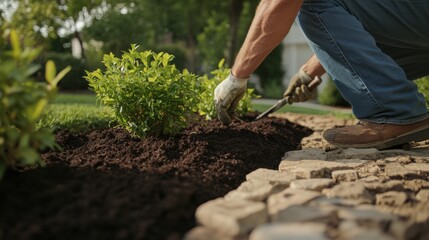 Hispanic landscaper planting shrubs along a stone pathway in a residential yard. Featuring care and environmental design