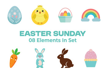 8 happy easter sunday elements in one bundle isolated on white background
