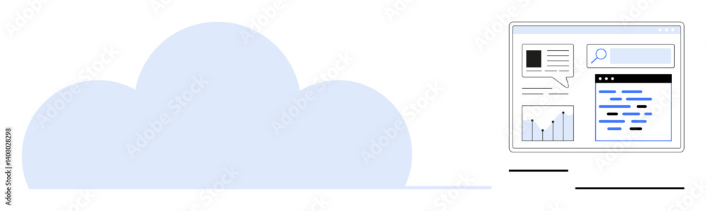 Poster digital cloud with interactive web interface featuring charts, search bar, and data analysis tools. 