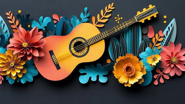 Colorful paper art featuring a guitar surrounded by vibrant flowers and foliage on a dark background