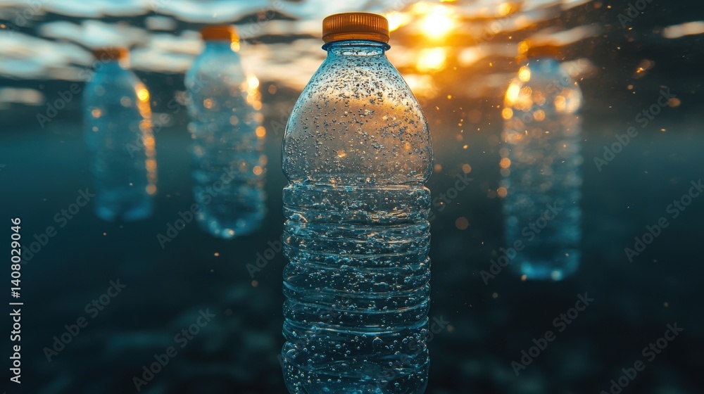 Poster plastic bottles floating in clear ocean water demonstrate pollution levels,stock image