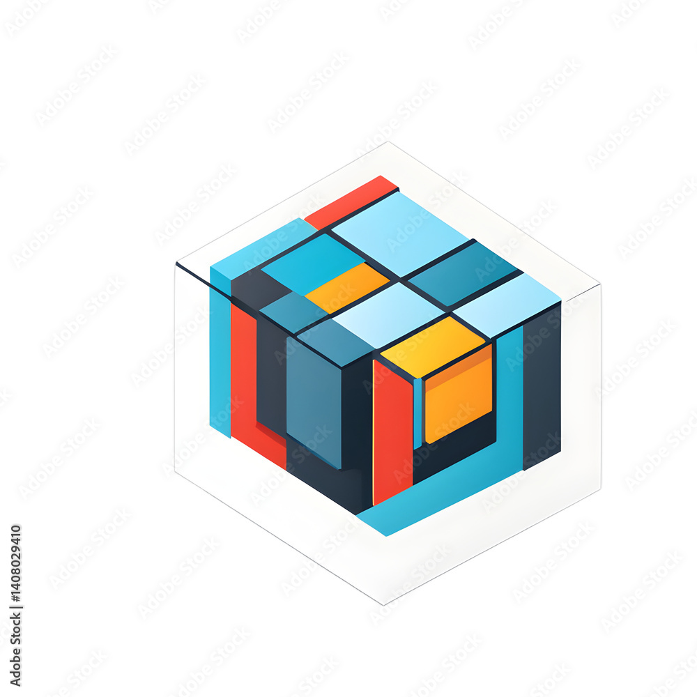 Poster Modern design icon of a 3D cube symbolising modelling, isolated on a empty plain background