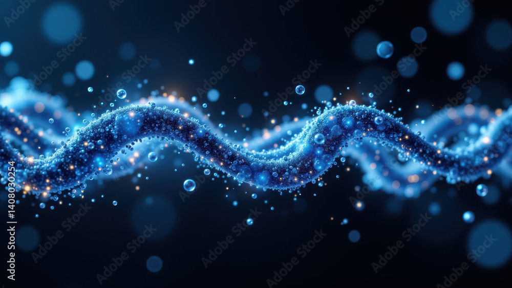 Poster blue abstract structure resembling a chain or dna with glowing particles, symbolizing glp1.