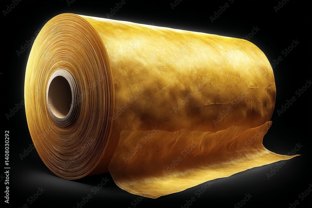 Aufkleber golden roll of fabric resting on a dark surface, showcasing its texture and color in an artistic man
