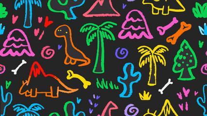 A playful, colorful kid crayon chalk doodle illustration on a black background. Chalk star, heart, flower color, cute element background. Vector illustration