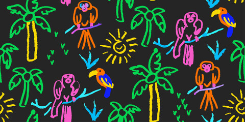 A playful, colorful kid crayon chalk doodle illustration on a black background. Chalk star, heart, flower color, cute element background. Vector illustration