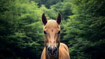 Portrait of a Brown Horse with Erect Ears and Green Lush Background