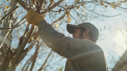 Hispanic landscaper pruning trees in a residential yard. Featuring landscaping and garden care