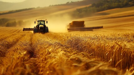 Fototapeta premium Tractor Harvesting Wheat at Sunset, A red tractor harvesting wheat in a golden field at sunset, creating a dusty atmosphere