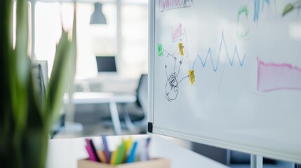 Modern Office Workspace with Whiteboard Diagrams and Multicolored Charts for Creative Collaboration and Strategy Planning