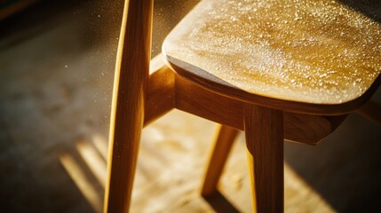Carpenter sanding a handcrafted wooden chair in a sunlit workshop. Featuring craftsmanship and dedication