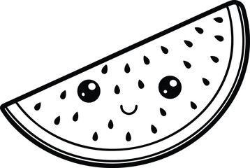 Cute Watermelon Slice with Smiling Face – Line Art Icon, Smiling Watermelon Slice Line Drawing – Adorable Fruit Outline, Happy Watermelon Slice, Kawaii Watermelon Slice Icon.