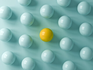 Stand out from the crowd and different concepts One yellow round sphere ball amongs other blue balls on light blue green pastel color background with window reflections and shadows 3D rendering