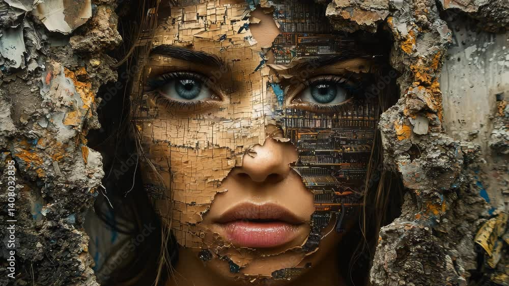 Aufkleber exploring the fusion of human expression with fragmented art in an urban environment