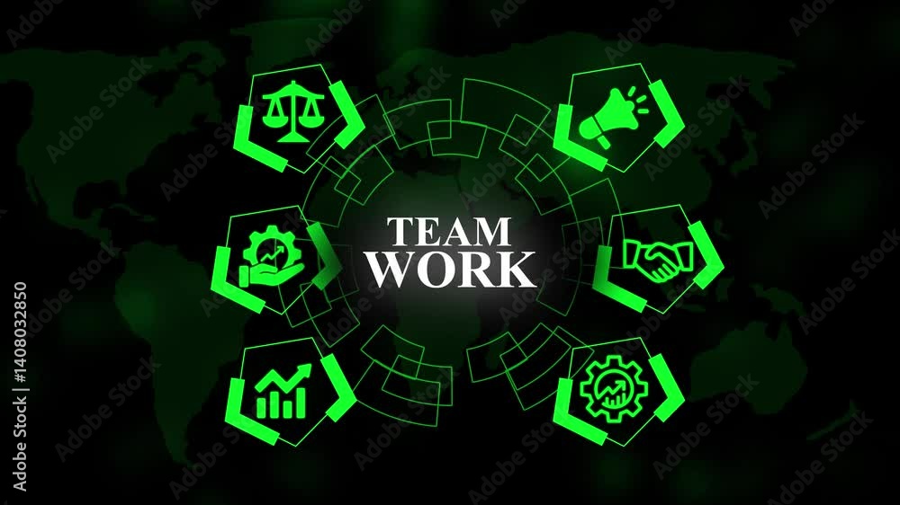 Poster corporate teamwork icons with tech ui design animation . futuristic teamwork visualization for busin