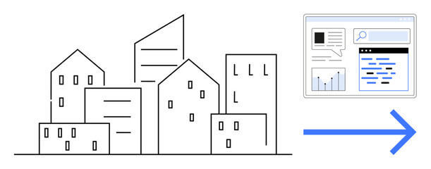 Minimalist cityscape of buildings with adjacent data dashboard and blue arrow pointing ahead. Ideal for urban planning, real estate, analytics, technology, growth, innovation, simple landing page