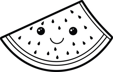 Cute Watermelon Slice with Smiling Face – Line Art Icon, Smiling Watermelon Slice Line Drawing – Adorable Fruit Outline, Happy Watermelon Slice, Kawaii Watermelon Slice Icon.
