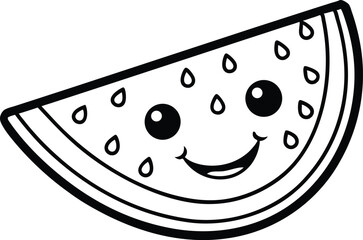Cute Watermelon Slice with Smiling Face – Line Art Icon, Smiling Watermelon Slice Line Drawing – Adorable Fruit Outline, Happy Watermelon Slice, Kawaii Watermelon Slice Icon.