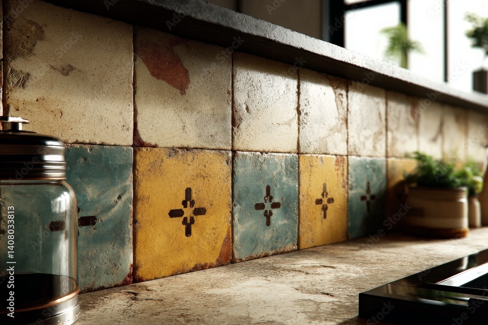 Poster decorative tiled kitchen backsplash featuring colorful patterns and textures in a modern home settin