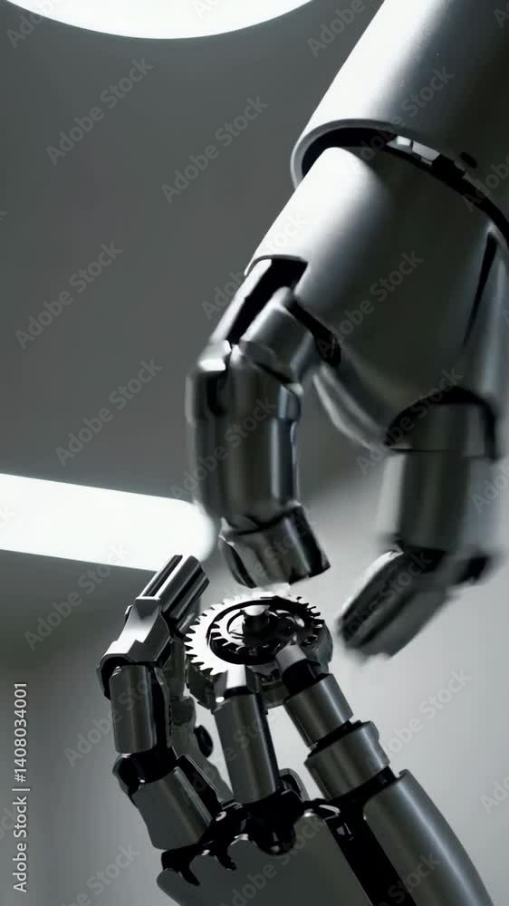 Poster advanced robotic hand interacts with gears in sophisticated mechanical process