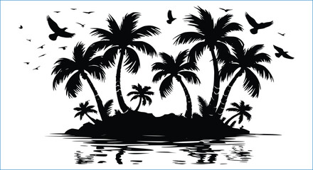 Tropical Island Silhouette Palm Trees Birds Water Vacation Black And White