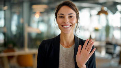 Professional woman in a modern office smiling and waving, creating a welcoming and approachable image for business communications.
