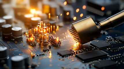 Soldering iron touches a complex circuit board creating sparks and glowing highlights on components Close-up view emphasizing technology and repair.