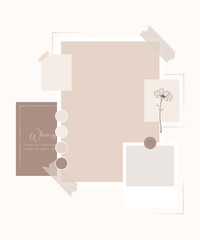 Aesthetic neutral tone collage frame with memo pad and scrapbooking style