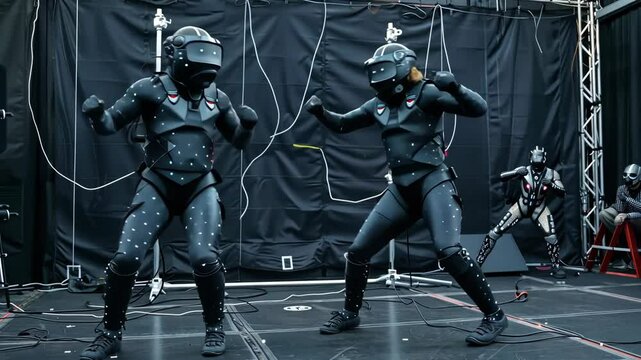 Dual actors in mocap suits, synchronized performance capture, cutting-edge tech