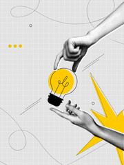 Trendy Halftone Collage Two Hands holds lightbulb. Creative mind or brainstorm. Create creative idea concept. Business solutions. Think outside the box. Marketing time. Contemporary vector art