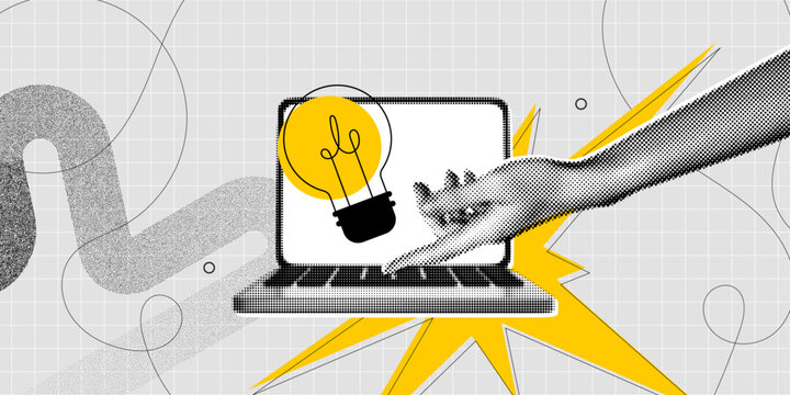 Trendy Halftone Collage Laptop and Hand holds lightbulb. Creative mind or brainstorm. Online education and study. Business solutions. Think outside the box. Marketing time. Contemporary vector art