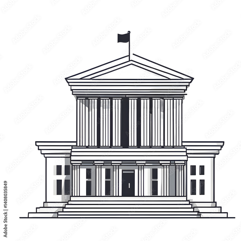 Poster modern design icon of a courthouse symbolising justice and law, isolated on a empty plain background