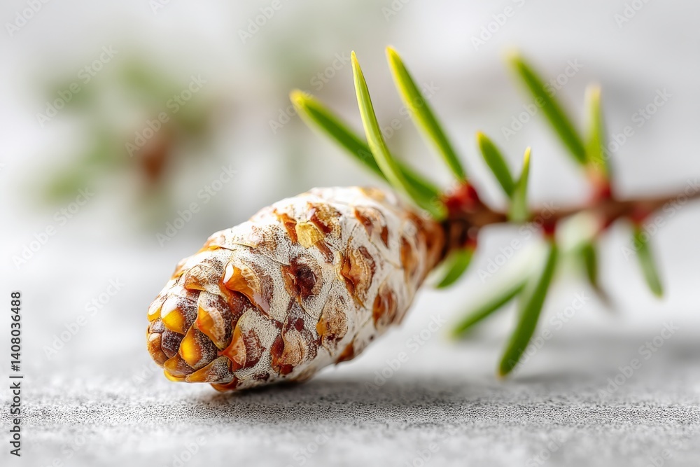 Poster close-up of a pine cone resting on a green branch against a soft background in a natural setting