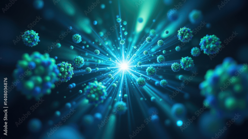 Poster image of a molecular model of glp1 with surrounding particles.