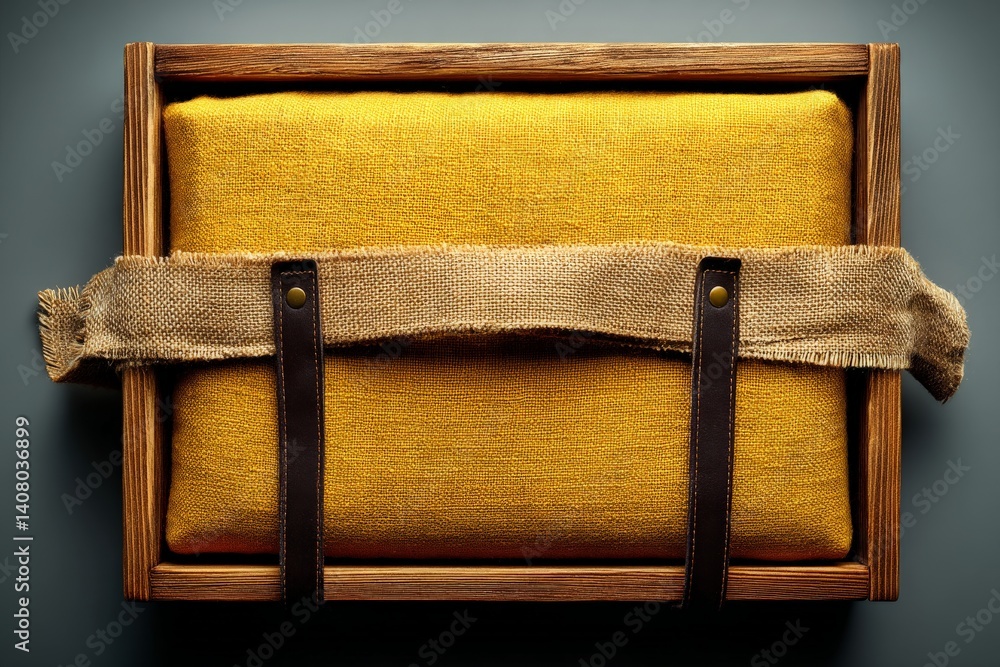 Poster creative storage solution with fabric cushion in wooden box showcasing rustic and modern design elem
