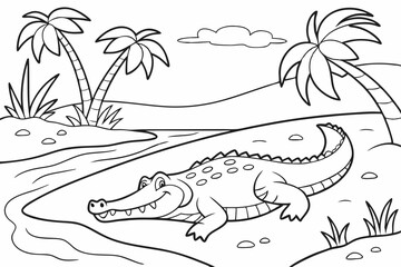 Coloring Page, A Crocodile relaxing on the river bank, colorless, black and white
