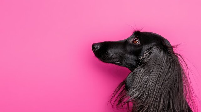 Close-up of the head of an elegant Afghan Hound against a blush pink backdrop, its long, silky ears and hair being gently blown by the wind. Captivating dog portrait.