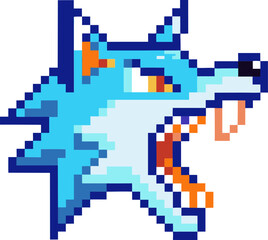 Obraz premium Pixelated blue wolf head growling, digital retro 8 bit