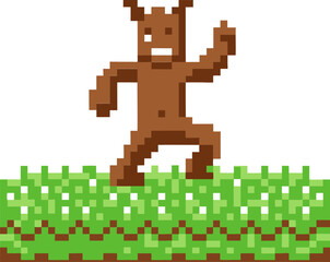 Fototapeta premium Pixel art creature in nature brown sprite character, retro gaming grassland