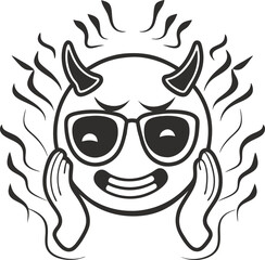 Obraz premium Devilish emoji with sunglasses and flames embodying mischief and excitement in monochrome design