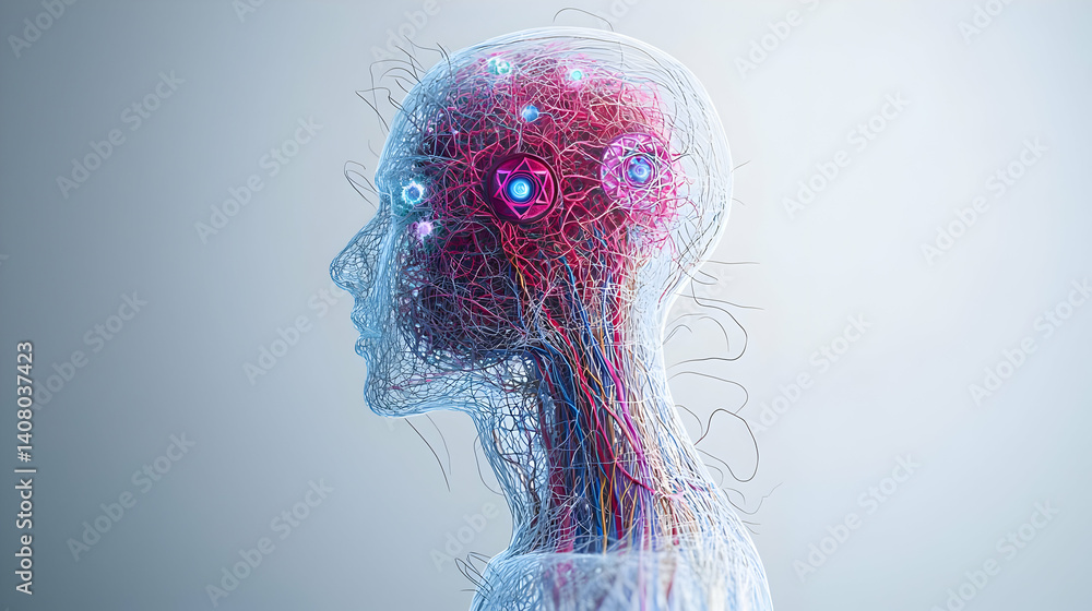 Poster digital artificial human profile with illuminated internal network against blue background