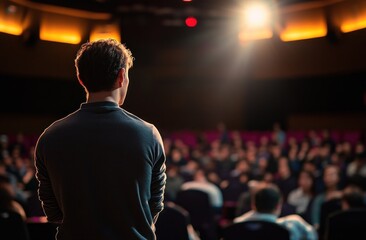 Motivational Speaker Addressing Conference Audience in Auditorium with Dramatic Lighting and Blurred Crowd