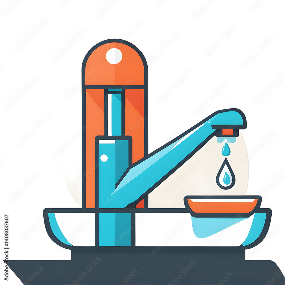 Poster modern design icon of a faucet and drop symbolising water conservation, isolated on a empty plain ba