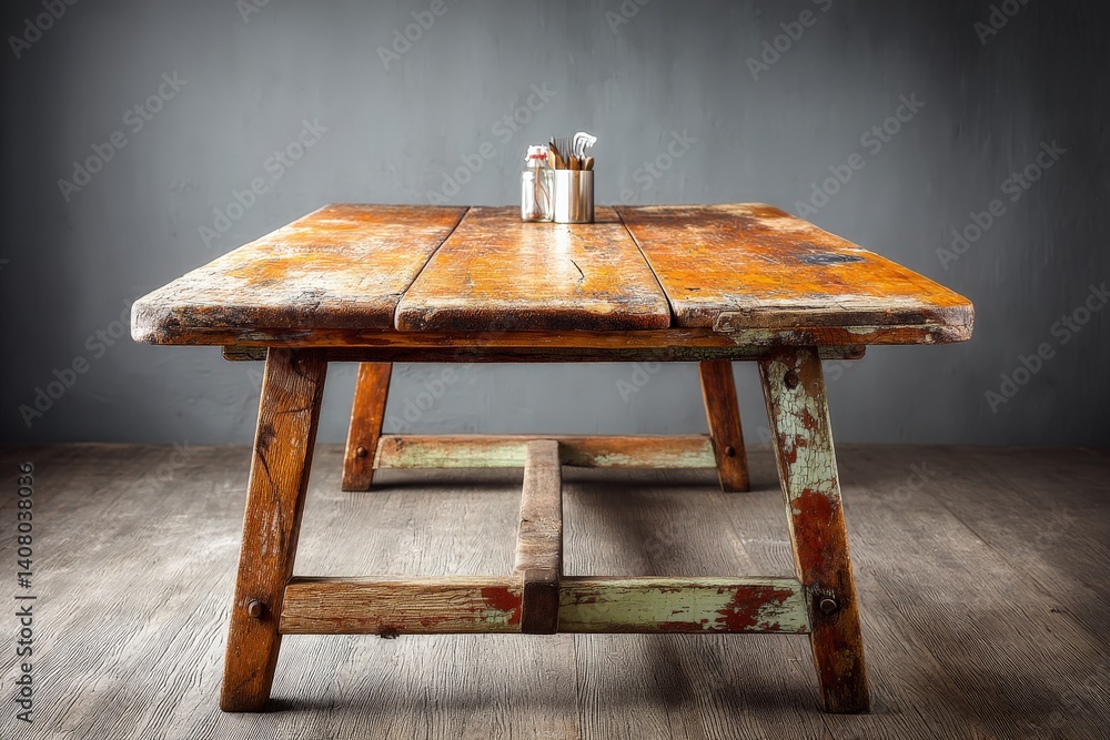 Aufkleber rustic wooden table in a modern cafe setting showcases rich textures and an inviting atmosphere for 